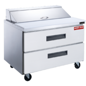 A New Air refrigerated prep table with four drawers and a stainless steel finish