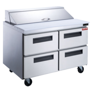 A New Air refrigerated prep table with four drawers and a stainless steel finish