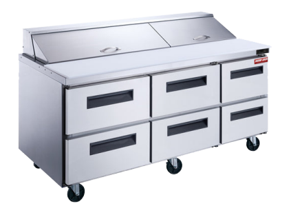 A New Air refrigerated prep table with six drawers and a stainless steel finish