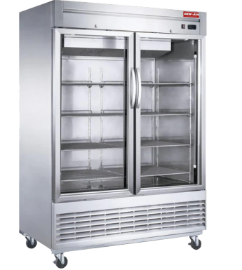 A New Air stainless steel commercial freezer with two glass doors