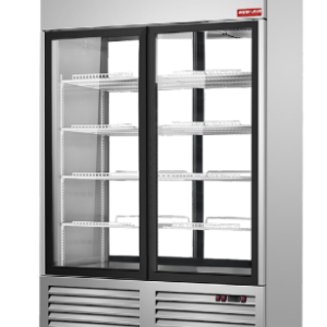 A New Air stainless steel pass-thru refrigerator with sliding glass doors on both sides