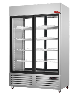 A New Air stainless steel pass-thru refrigerator with sliding glass doors on both sides
