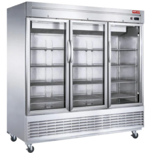 A New Air stainless steel commercial refrigerator with three glass doors