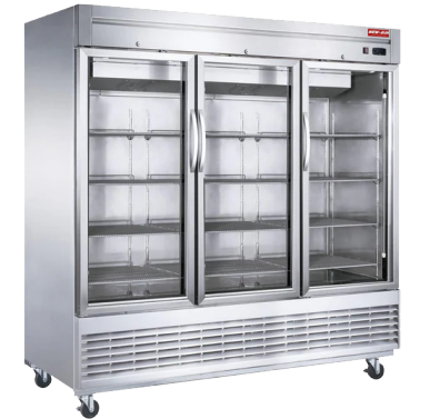 A New Air stainless steel commercial refrigerator with three glass doors