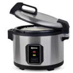 An Omcan stainless steel commercial electric rice cooker with a hinged lid